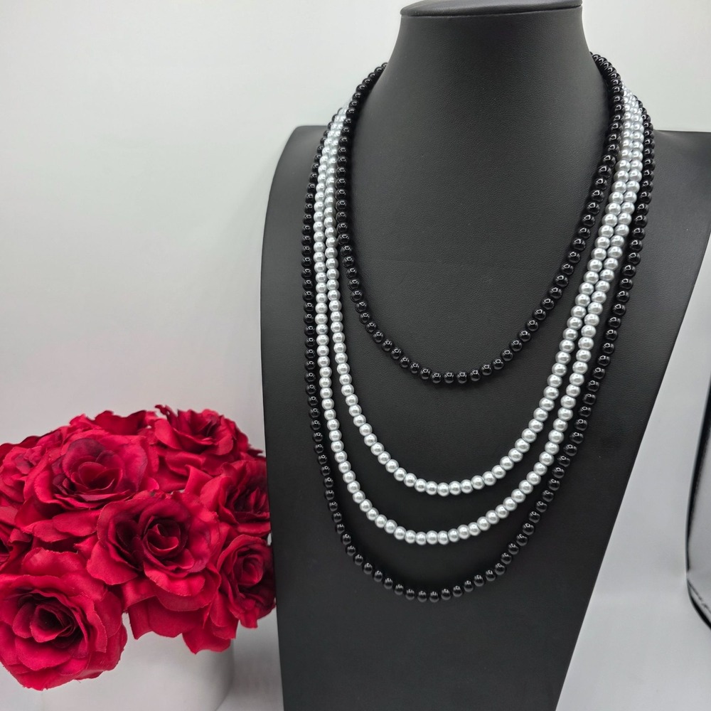 Multi-Strand Necklace Faux Pearl Black Silver Layered Old Money Grandmother